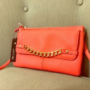 Guava Pink side satchel with front gold chain